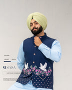 Navy Blue Embroidered Jacket with Sky Blue Kurta Pajama