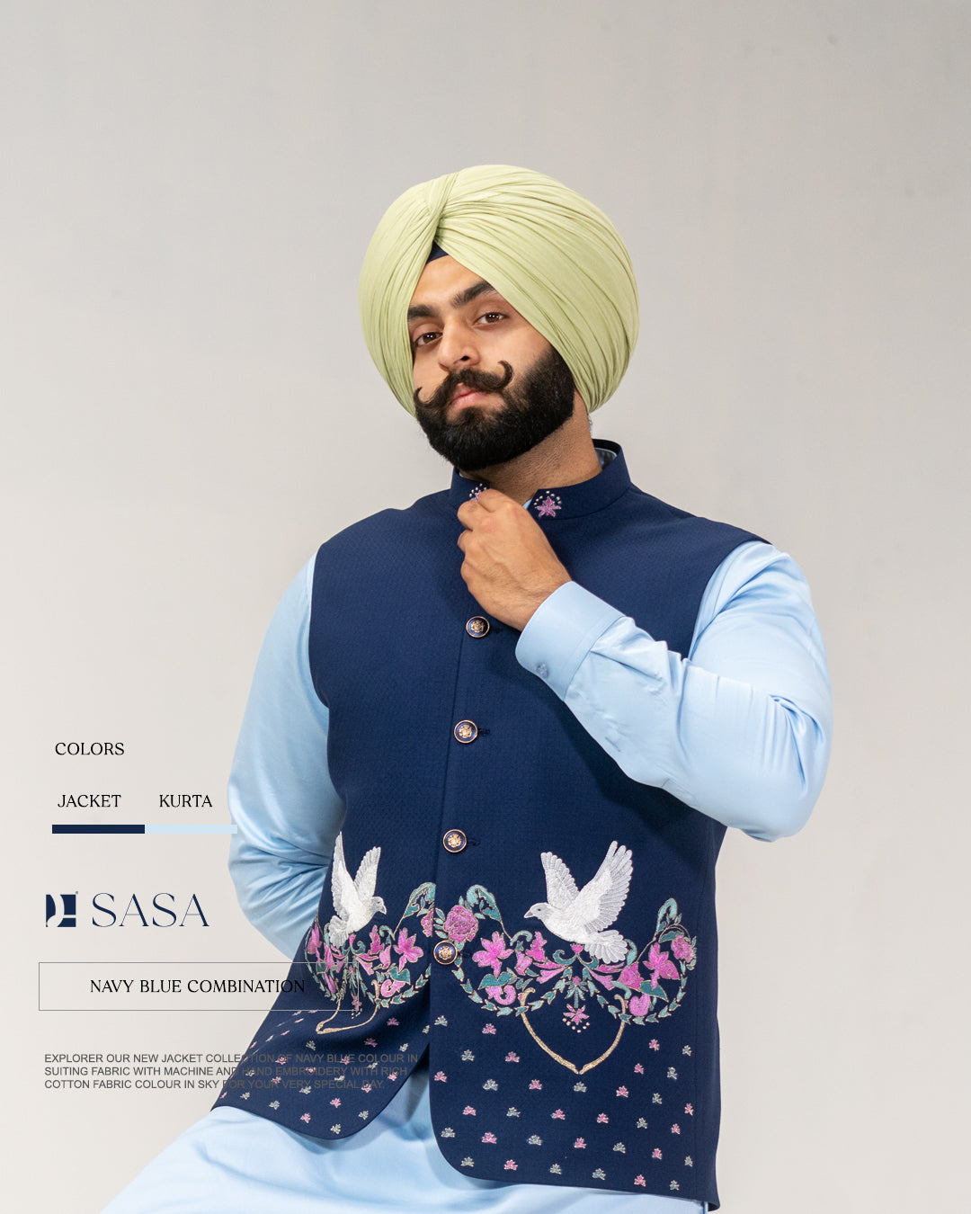 Navy Blue Embroidered Jacket with Sky Blue Kurta Pajama