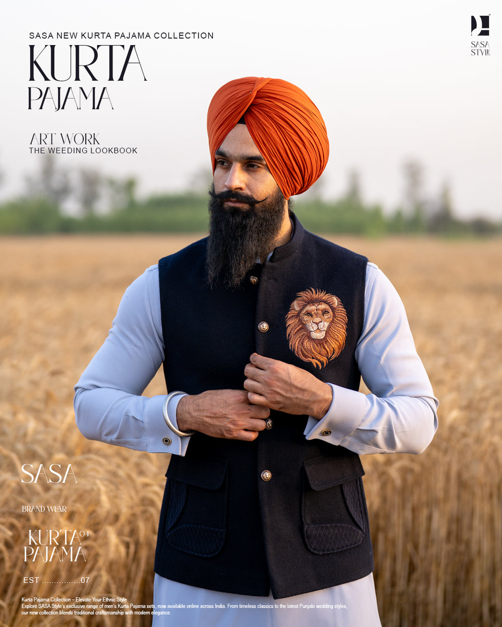 Navy Blue Lion Embroidered Jacket with Sky Gray Kurta Pajama