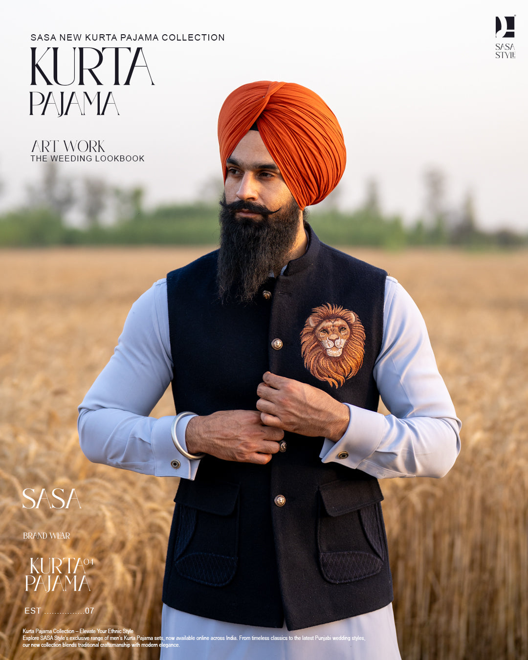 Navy Blue Lion Embroidered Jacket with Sky Gray Kurta Pajama
