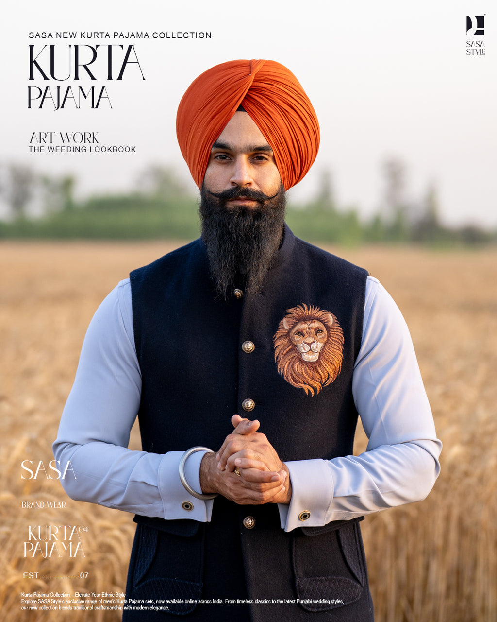 Navy Blue Lion Embroidered Jacket with Sky Gray Kurta Pajama
