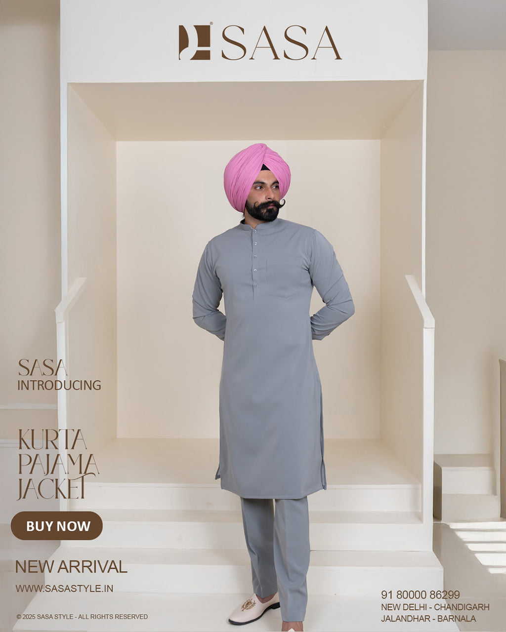 Navy Pinstripe Jacket with Light Grey Kurta Pajama