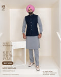Navy Pinstripe Jacket with Light Grey Kurta Pajama