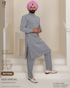 Navy Pinstripe Jacket with Light Grey Kurta Pajama