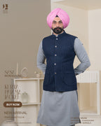 Navy Pinstripe Jacket with Light Grey Kurta Pajama