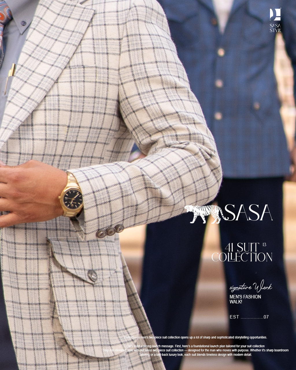Off-White Cream Blazer with Slate Blue Checks and Carbon Pants