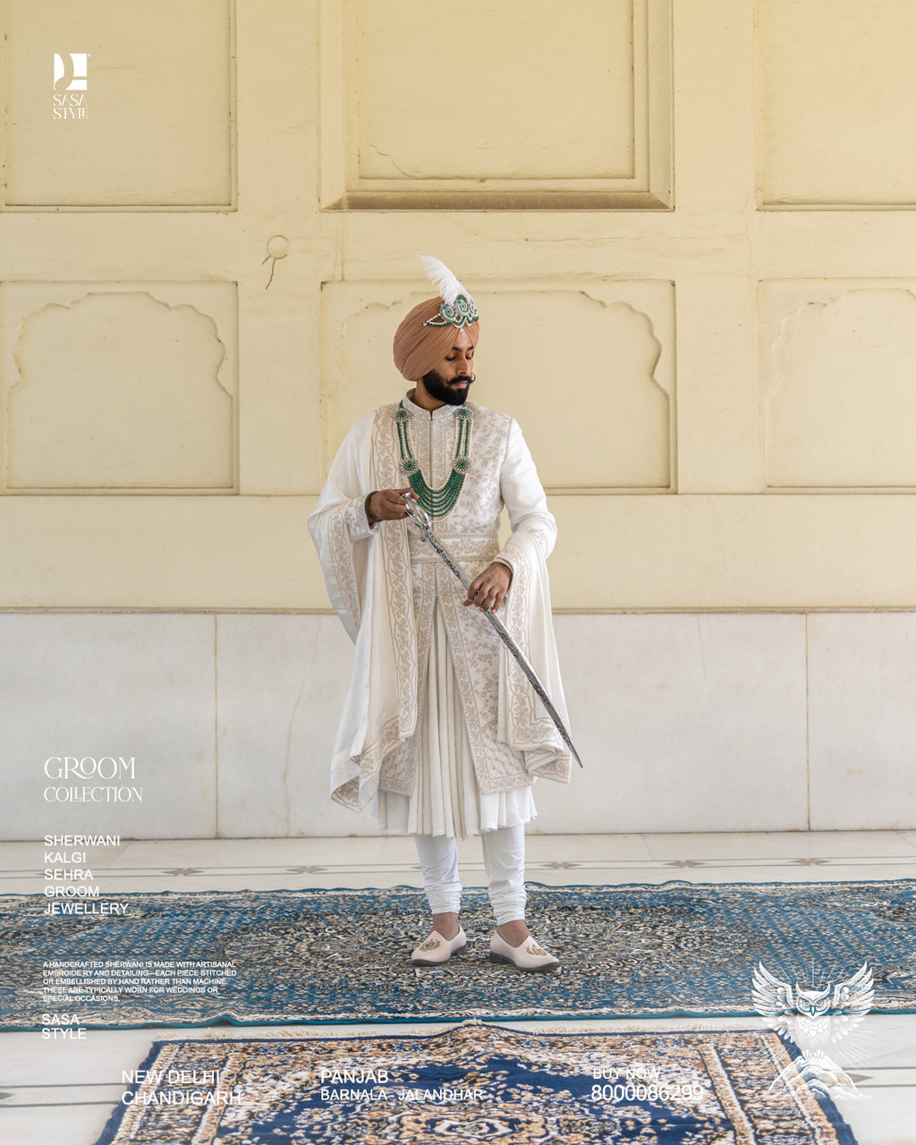 Off-White Embroidered Sherwani with Angrakha Pajami & Palla