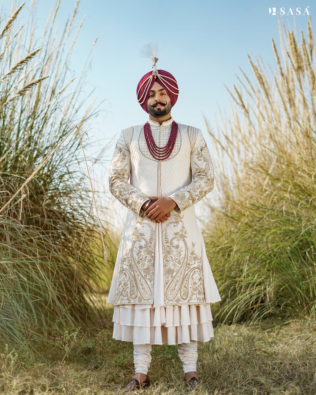 Off-White Sherwani Set with Embellished Palla