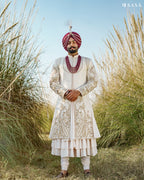Off-White Sherwani Set with Embellished Palla
