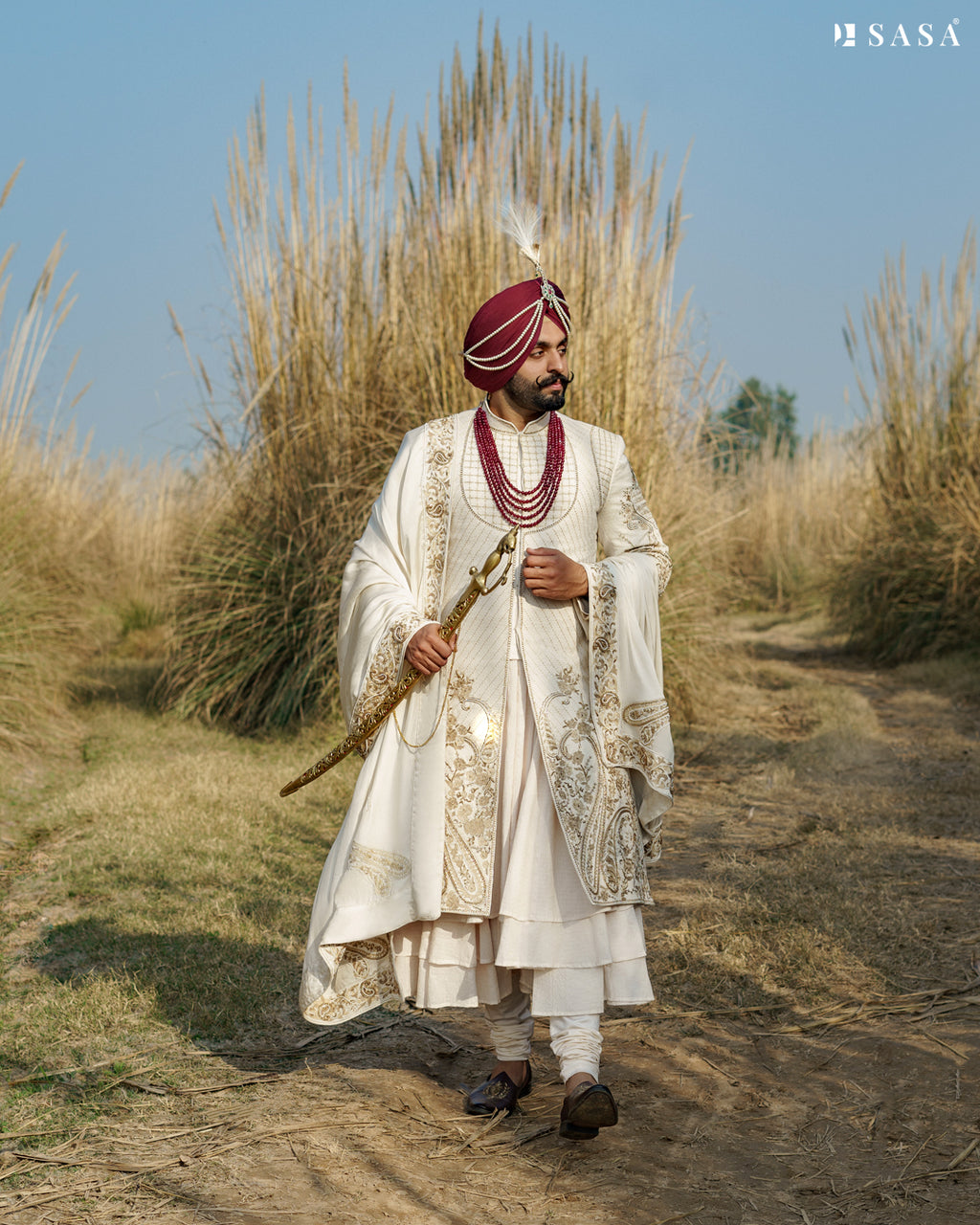 Off-White Sherwani Set with Embellished Palla