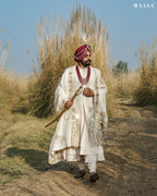 Off-White Sherwani Set with Embellished Palla