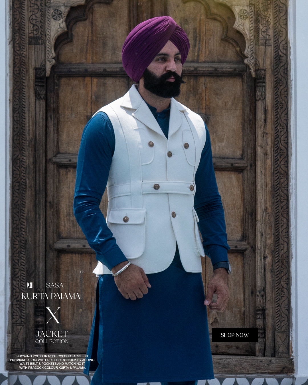 Off-White Waist Belt Jacket with Peacock Blue Kurta Pajama