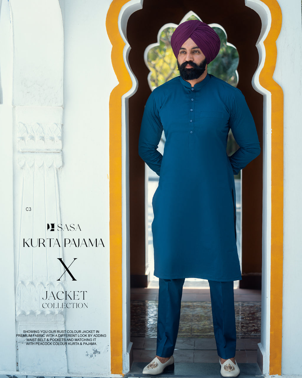 Off-White Waist Belt Jacket with Peacock Blue Kurta Pajama