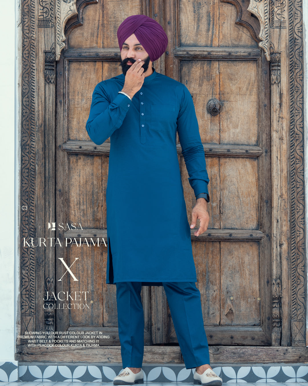 Off-White Waist Belt Jacket with Peacock Blue Kurta Pajama