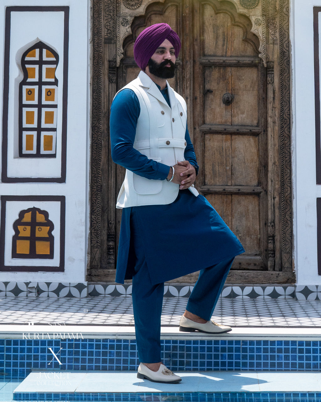 Off-White Waist Belt Jacket with Peacock Blue Kurta Pajama