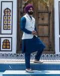 Off-White Waist Belt Jacket with Peacock Blue Kurta Pajama
