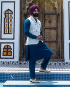 Off-White Waist Belt Jacket with Peacock Blue Kurta Pajama