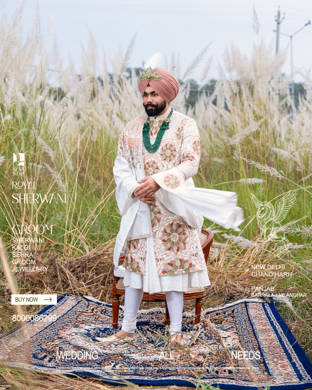 Off White Sherwani with Multicolor Floral Embroidery