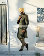 Olive Green Achkan with Hand Embroidery
