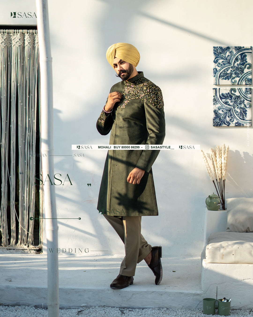 Olive Green Achkan with Hand Embroidery