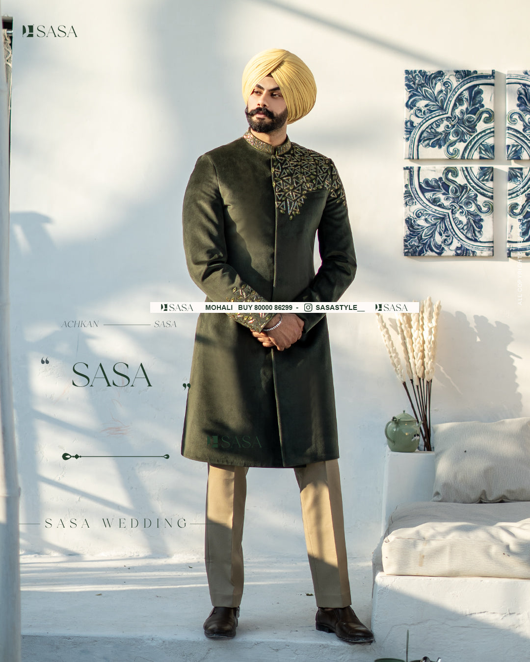 Olive Green Achkan with Hand Embroidery