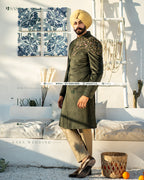 Olive Green Achkan with Hand Embroidery