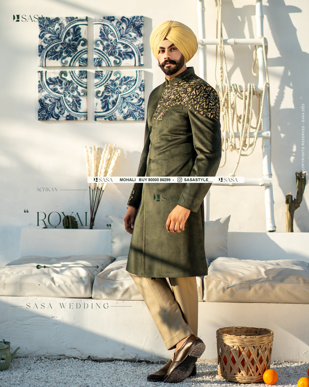 Olive Green Achkan with Hand Embroidery