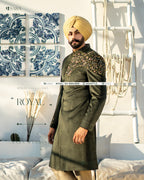 Olive Green Achkan with Hand Embroidery