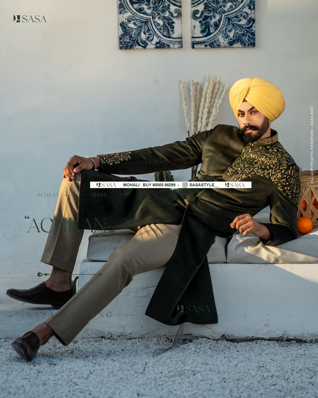 Olive Green Achkan with Hand Embroidery