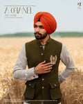 Olive Green Deer Embroidered Jacket with Pista Kurta Pajama