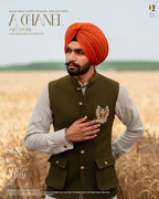 Olive Green Deer Embroidered Jacket with Pista Kurta Pajama