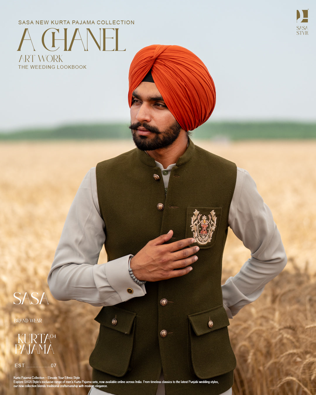 Olive Green Deer Embroidered Jacket with Pista Kurta Pajama