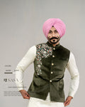 Olive Green Velvet Embroidered Jacket with Ivory Kurta Pajama