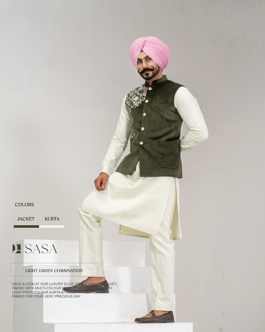 Olive Green Velvet Embroidered Jacket with Ivory Kurta Pajama