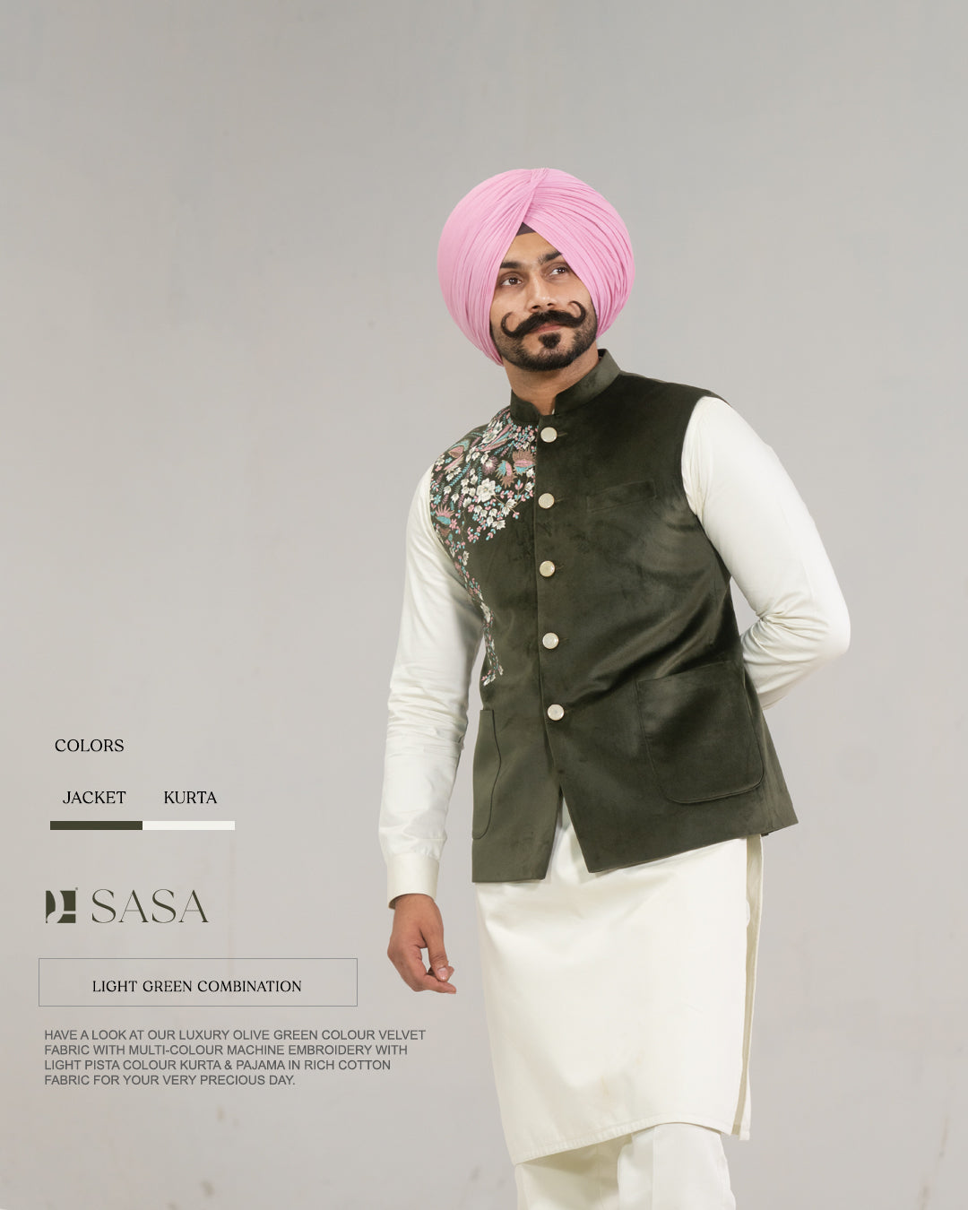 Olive Green Velvet Embroidered Jacket with Ivory Kurta Pajama