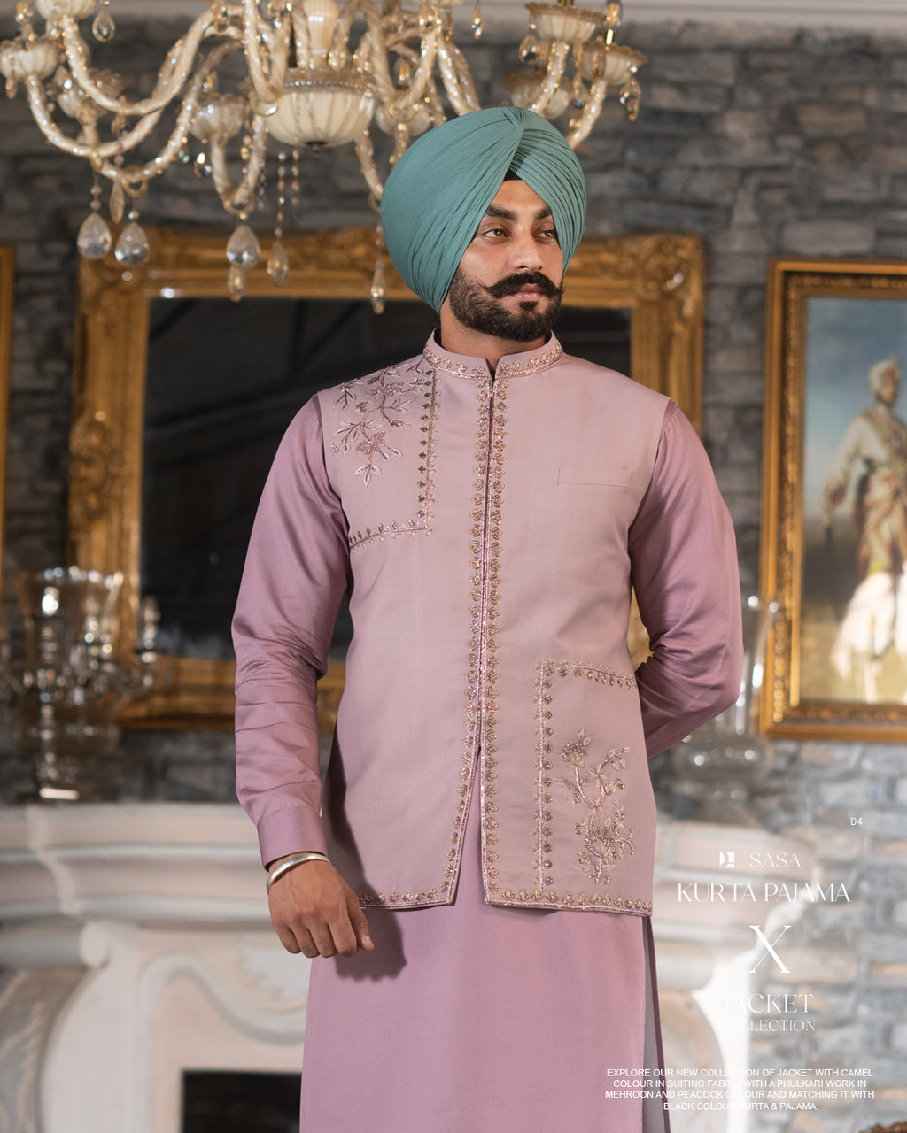 Onion Pink Handworked Jacket with Onion Kurta and White Salwar