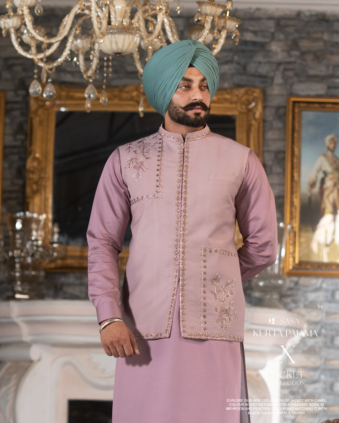 Onion Pink Handworked Jacket with Onion Kurta and White Salwar