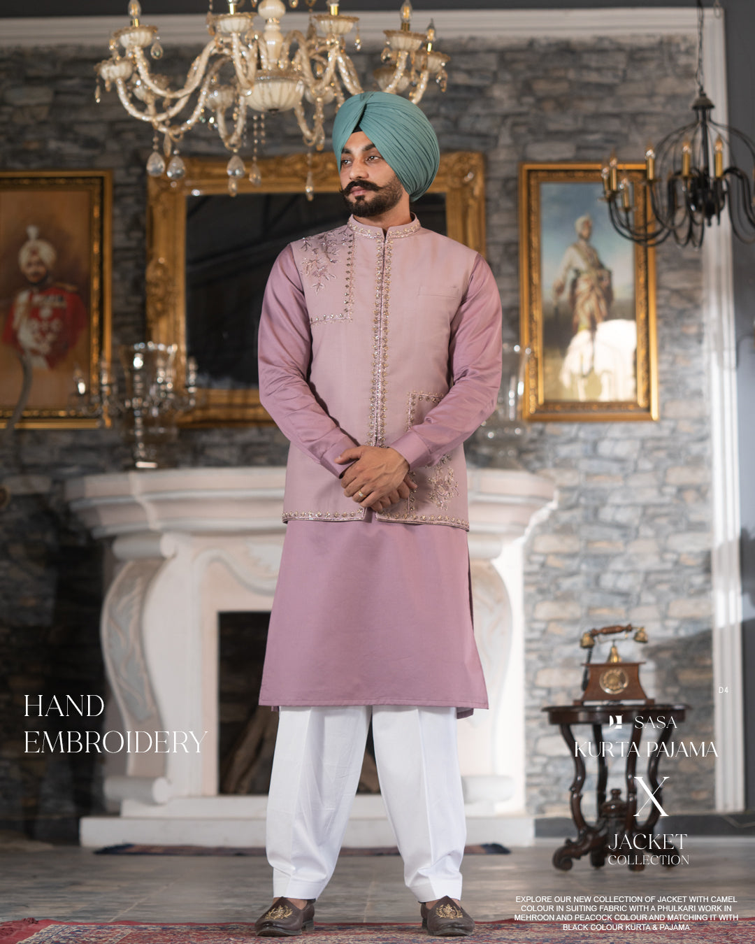 Onion Pink Handworked Jacket with Onion Kurta and White Salwar