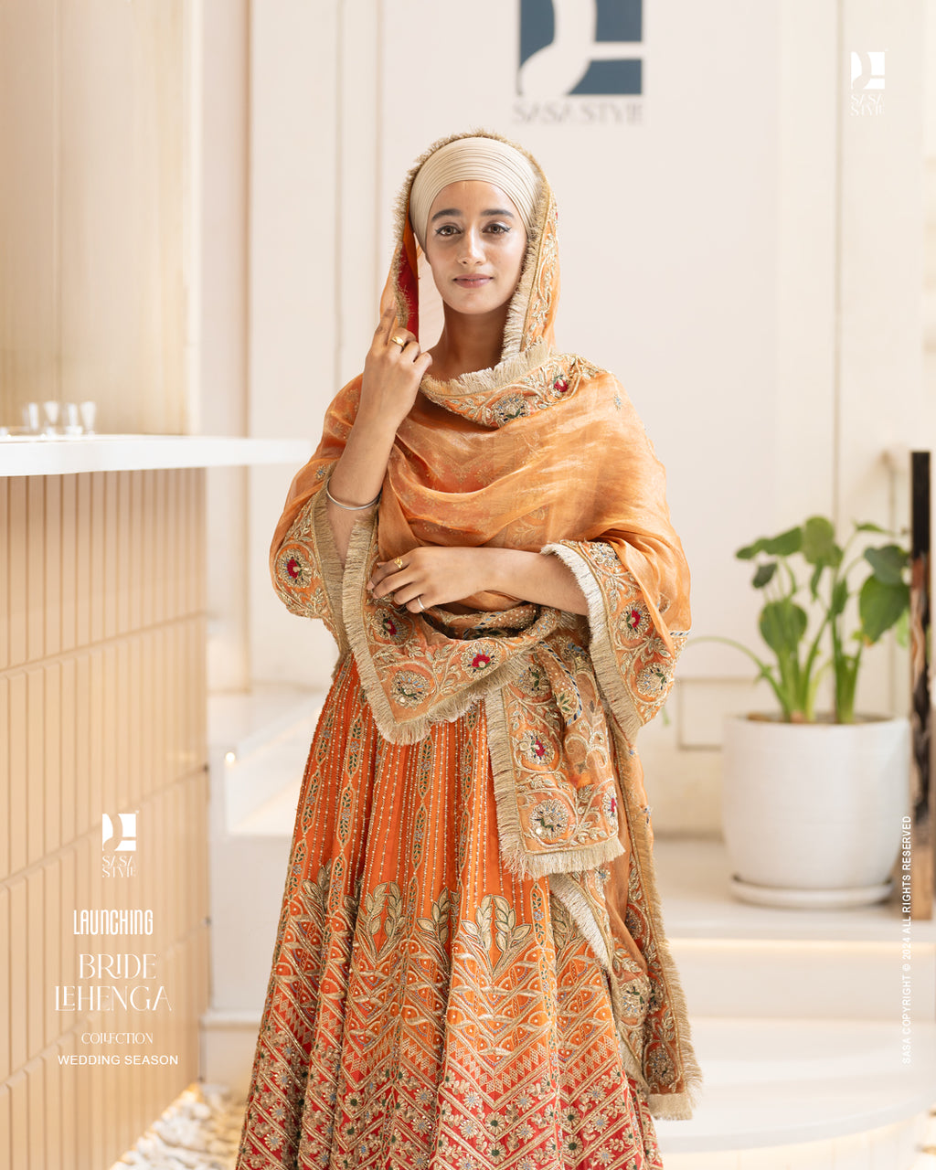 Elegant Orange-Red Ombre Satin Organza Lehenga