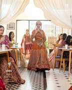 Elegant Orange-Red Ombre Satin Organza Lehenga
