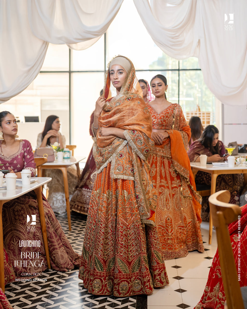 Elegant Orange-Red Ombre Satin Organza Lehenga