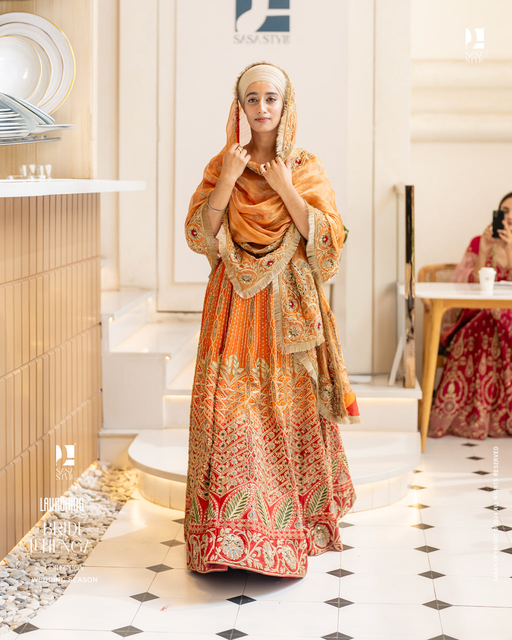 Elegant Orange-Red Ombre Satin Organza Lehenga