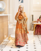 Elegant Orange-Red Ombre Satin Organza Lehenga