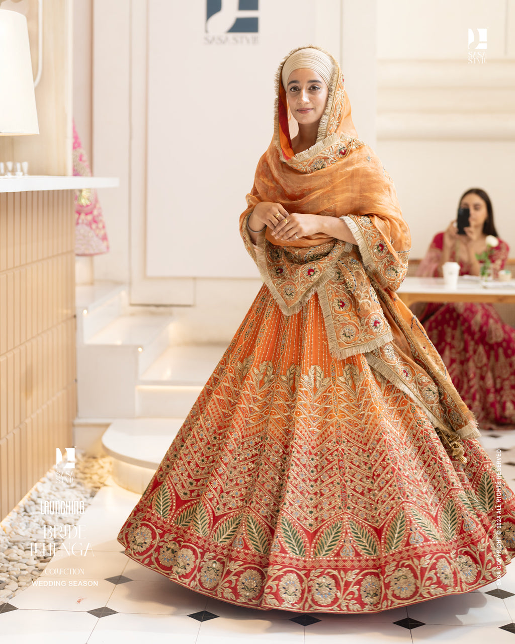 Elegant Orange-Red Ombre Satin Organza Lehenga