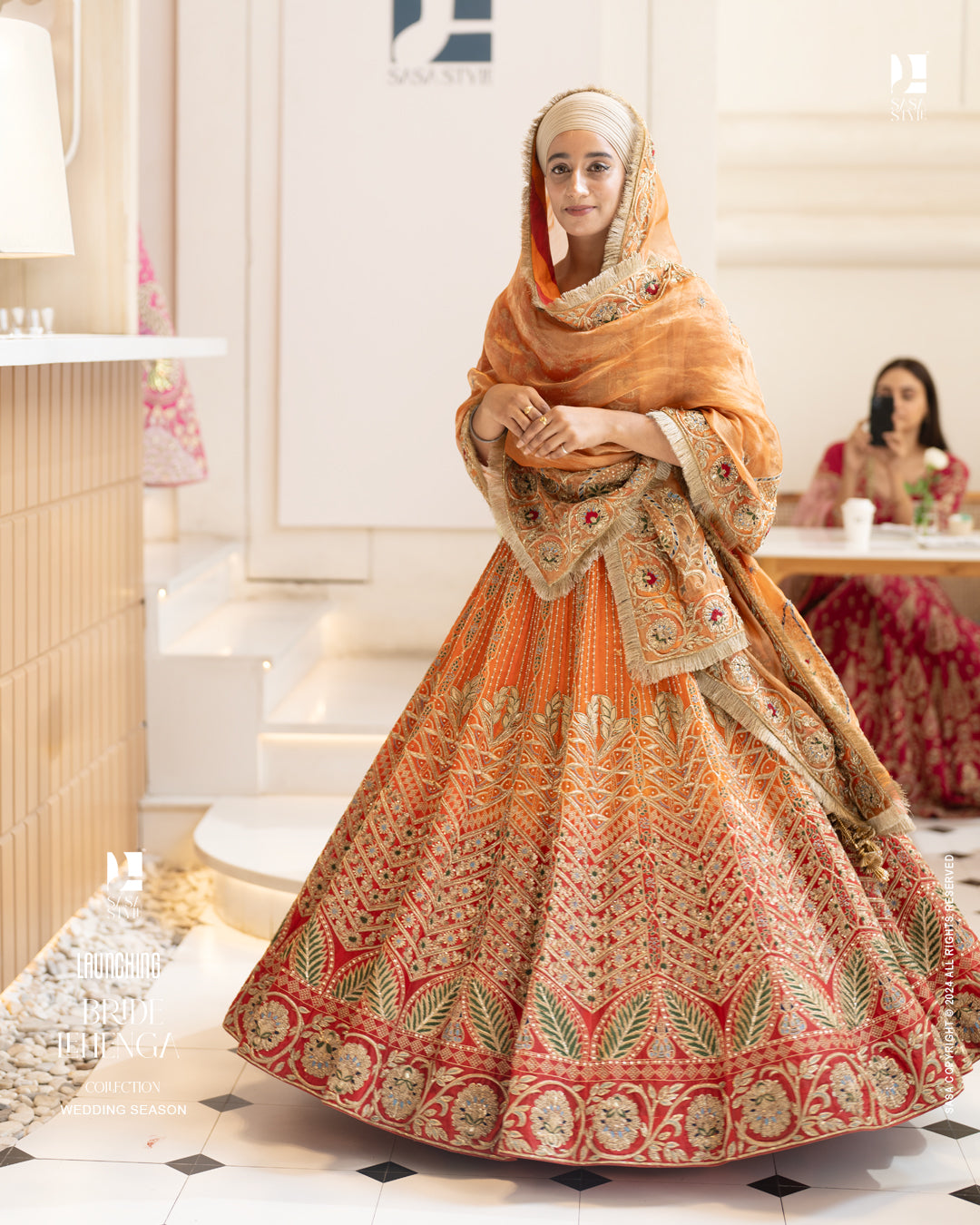 Elegant Orange-Red Ombre Satin Organza Lehenga