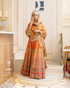 Elegant Orange-Red Ombre Satin Organza Lehenga