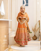Elegant Orange-Red Ombre Satin Organza Lehenga