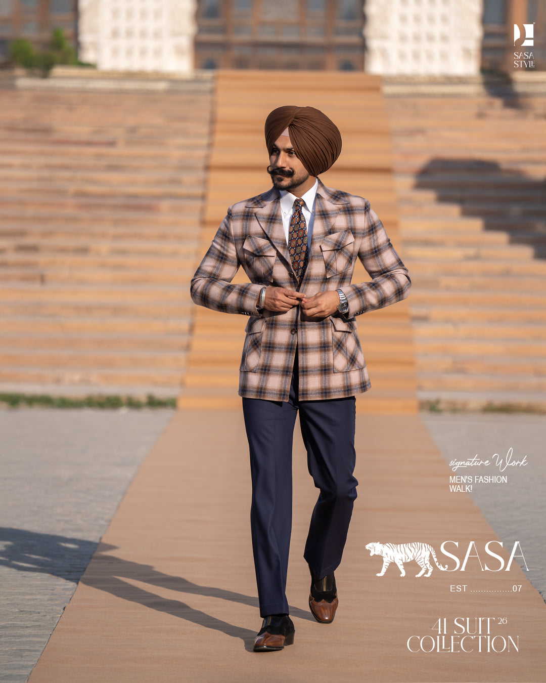 Pale Dogwood Plaid Check Blazer and Navy Blue Pant