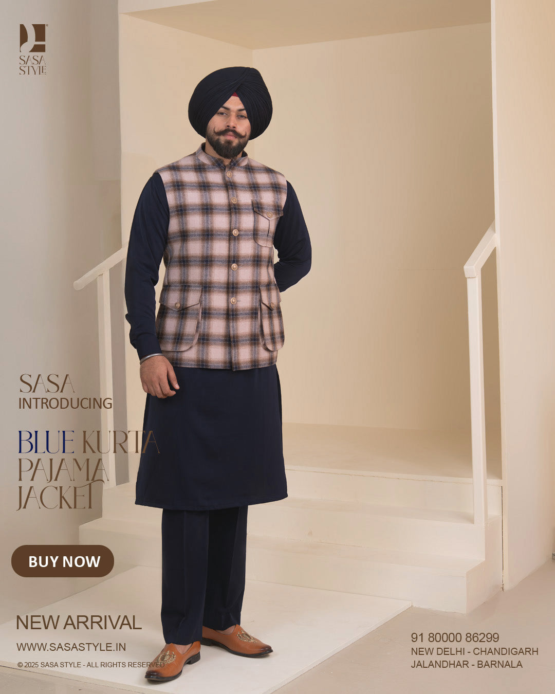 Pale Dogwood Plaid Jacket with Navy Blue Kurta Pajama