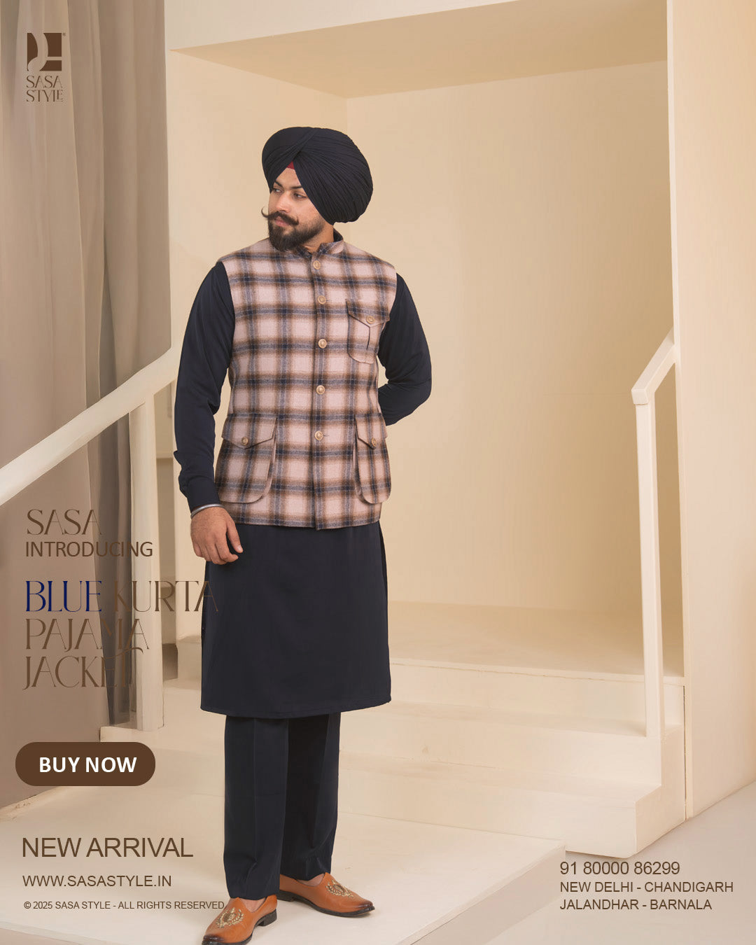 Pale Dogwood Plaid Jacket with Navy Blue Kurta Pajama
